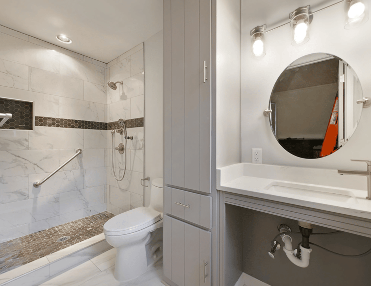 Custom shower done by Alabama Construction Pros with a grab bar Custom shower done by Alabama Construction Pros with a grab bar